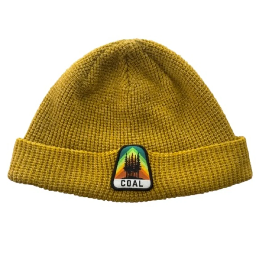 Coal Mustard Yellow Waffle Knit Beanie Rainbow Trees Patch Outdoor Hiking Unisex
